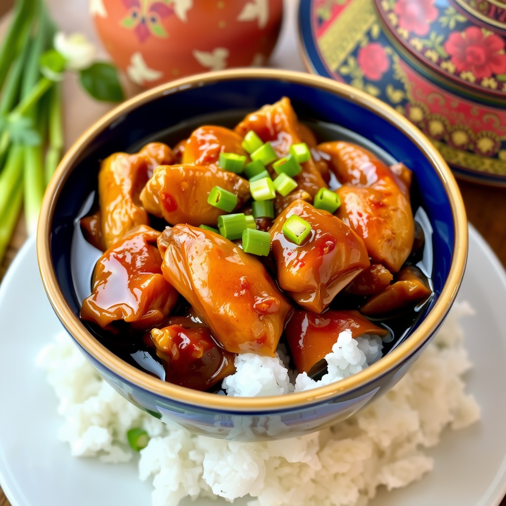 Authentic Filipino Chicken Adobo Recipe A bowl of Filipino Chicken Adobo with rice and green onions, showcasing a rich and glossy sauce.